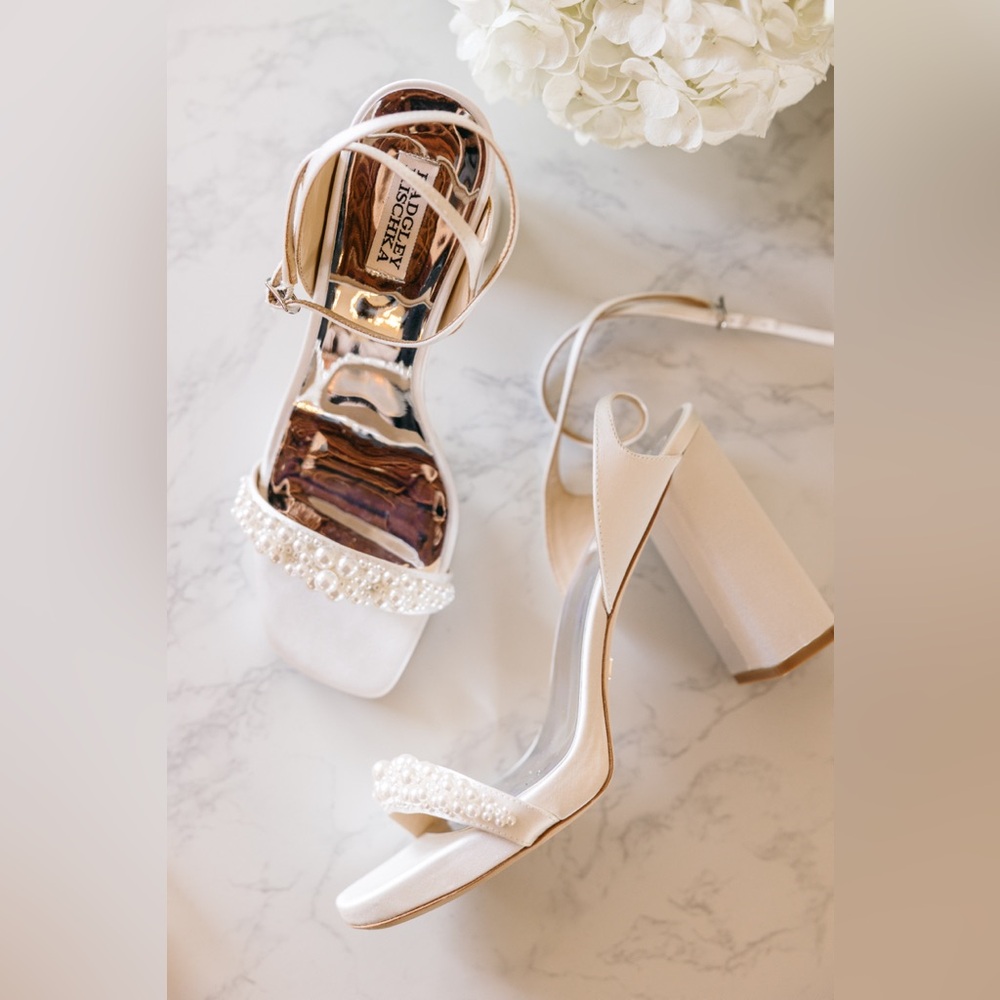 Badgley Mischka Calida Ankle Strap Satin Heels with Pearls